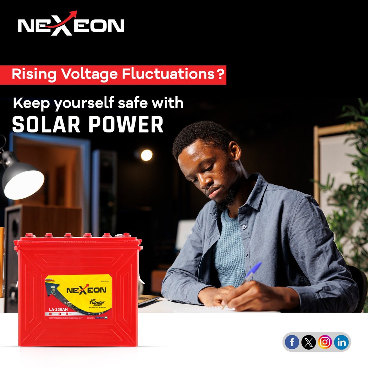 Stay safe during voltage fluctuations with our solar batteries. Designed for stability and reliability, they ensure consistent power supply and deliver steady brightness for your homes.

#NexeonBattery #SolarBattery #TallTubularbattery #batterymanufacturerindia #nigeria