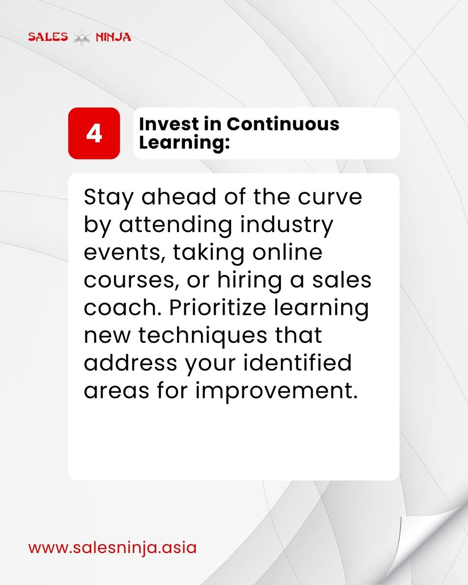A focused plan is required for effective sales improvement.  Check out our carousel for professional advice on how to enhance your sales and pinpoint areas that need work! #salestechniques #improvement 

salesninja.asia