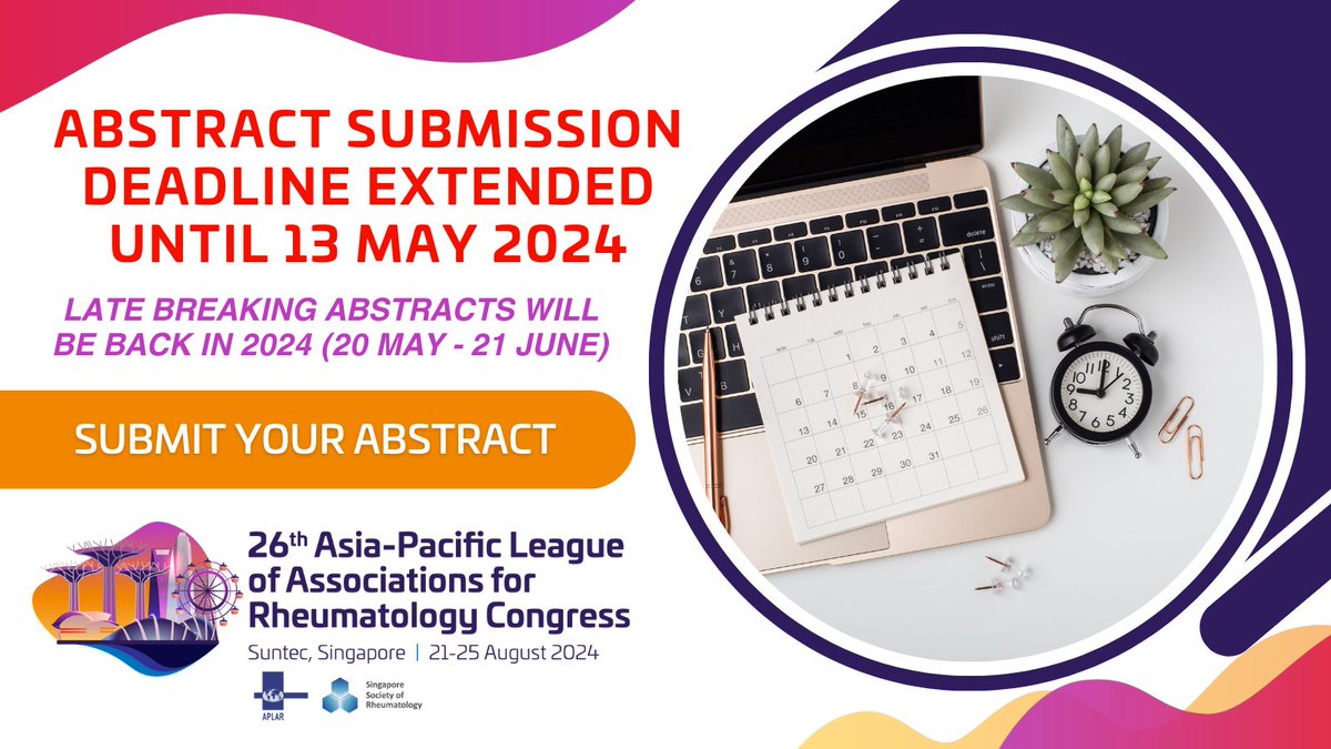 Abstract submissions have been extended until 13 May! Present your research to a global audience of peers and potentially have your work published in the prestigious International Journal of Rheumatic Diseases (IJRD). tinyurl.com/APLAR24-Abstra…