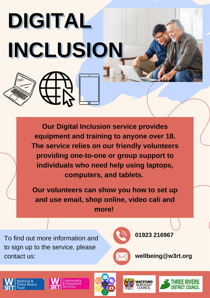 Do you know someone who might benefit from using a computer? Our Digital Inclusion project gives people skills/confidence to access the online world & in a way that suits them  

w3rt.org/digitalinclusi…

#Watford #ThreeRivers #W3RTCVS #stayingconnected #digitalinclusion
