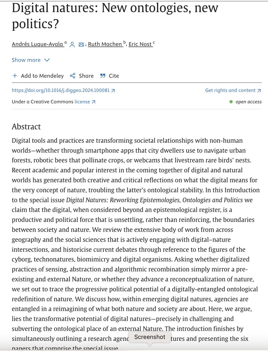 @digital_RGS -- Our paper 'Digital Natures: New ontologies, new politics?' just came out, also introducing @dig_geo SI on #DigitalNatures. With @RuthMachen & @ericnost, @GeogDurham . Here: sciencedirect.com/science/articl…