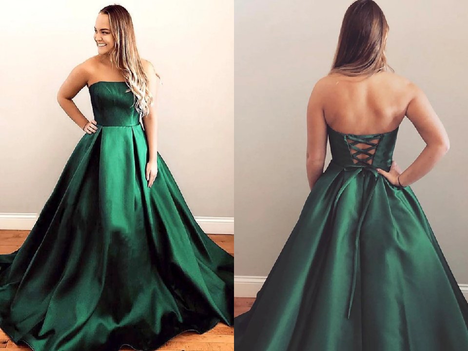 Green Satin Strapless Long Prom Dresses, A Line Evening Dresses