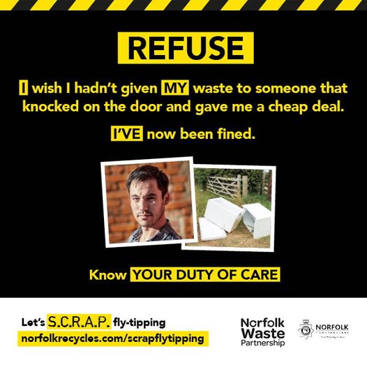 How can you prevent fly-tipping? 
Refuse offers to have your rubbish taken away. It could be fly-tipped and you could be fined. 
#Scrapflytipping  norfolkrecycles.com/scrapflytipping
