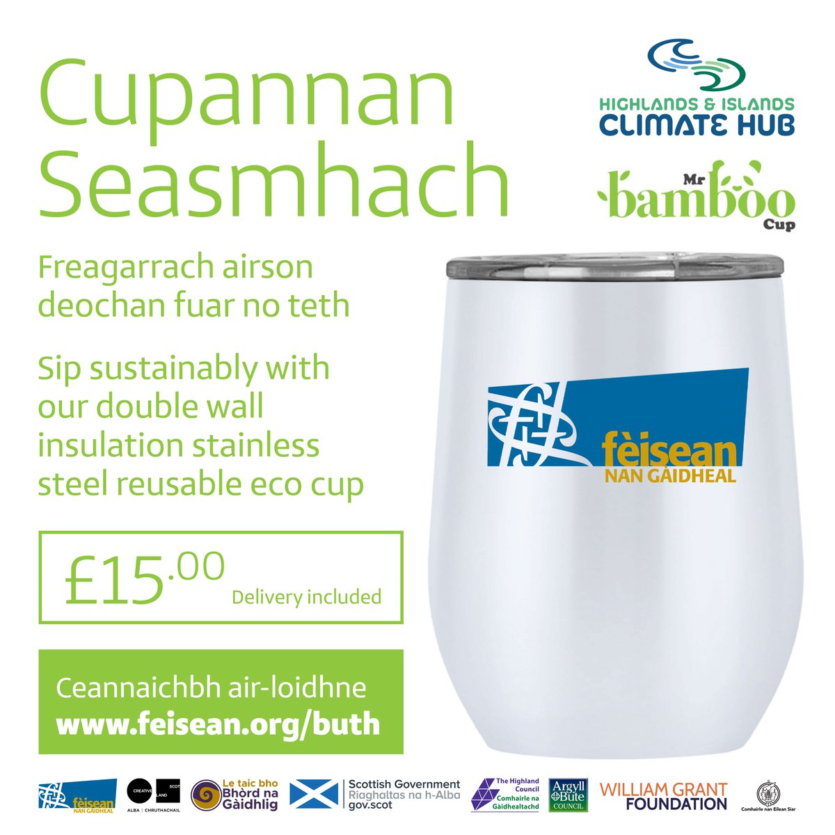 Gabhaibh balgam neo-chronail dhan àrainneachd! Say goodbye to disposable cups and embrace sustainability with our eco-friendly cup! Thanks to @HIClimateHub for support. Buy online at shorturl.at/juK16