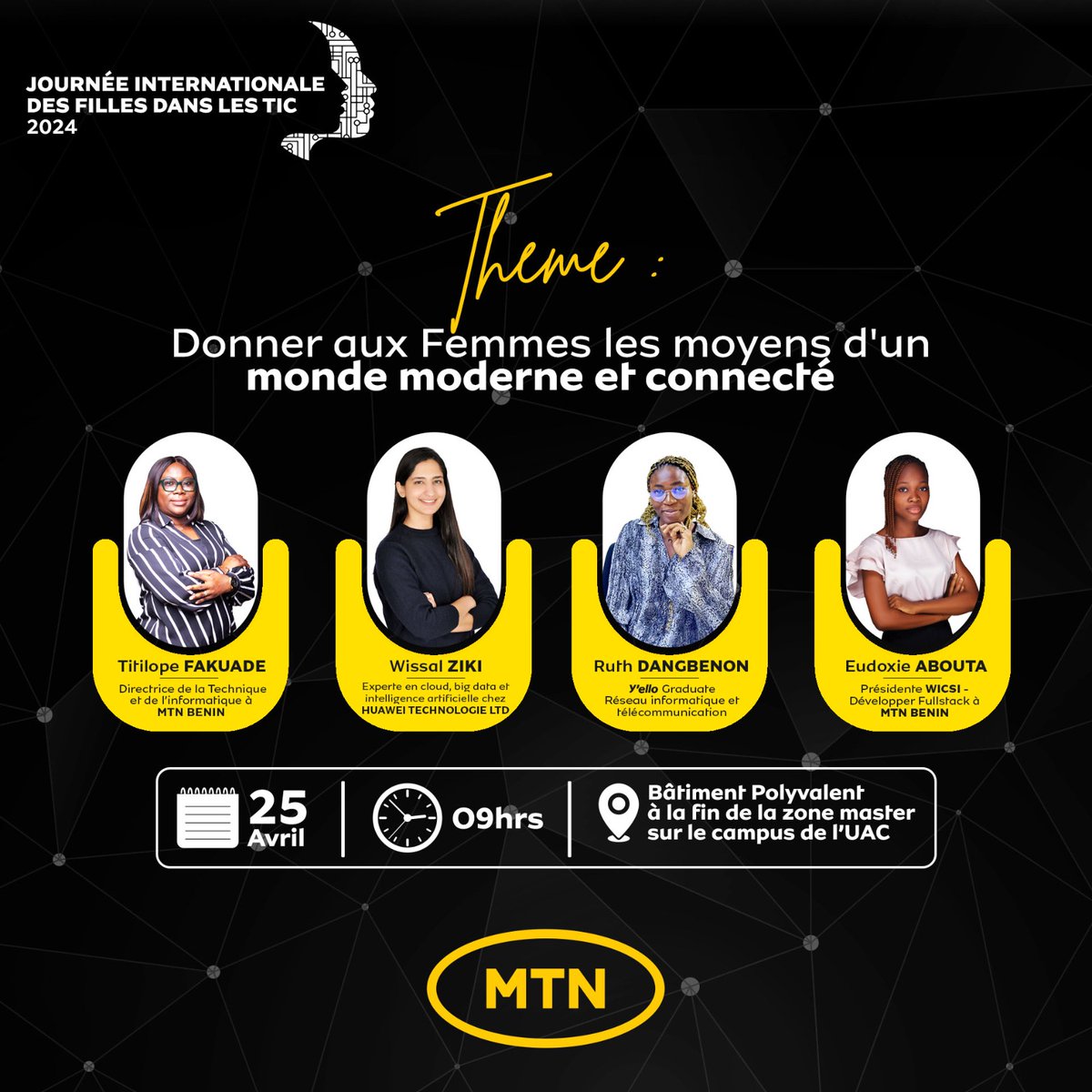 MTN BENIN célèbre la Journée Internationale des Filles dans les TIC, à l’Université d’Abomey Calavi. A travers un atelier animé par de brillantes panélistes , nous visons à ‘’Donner aux Femmes les moyens d’un monde moderne connecté '. Avec notre partenaire @Huawei , nous…