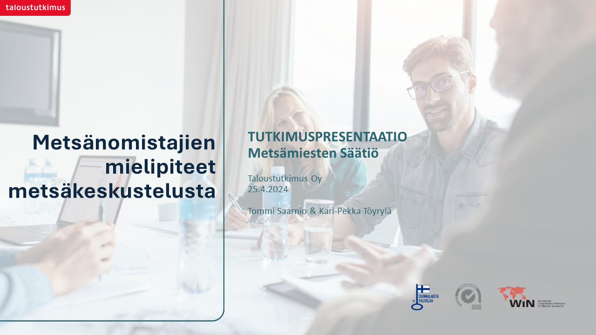 1/12 Metsämiesten Säätiö tilasi <a href="/Taloustutkimus/">Taloustutkimus</a> Oy:ltä tutkimuksen siitä, mitä mieltä Suomen yli 600 000 metsänomistajaa ovat julkisesta metsäkeskustelusta. Tutkimukseen vastasi 1 084 metsänomistajaa maaliskuussa 2024. Otanta tehtiin Metsänomistaja 2020 -tutkimuksen mukaisena