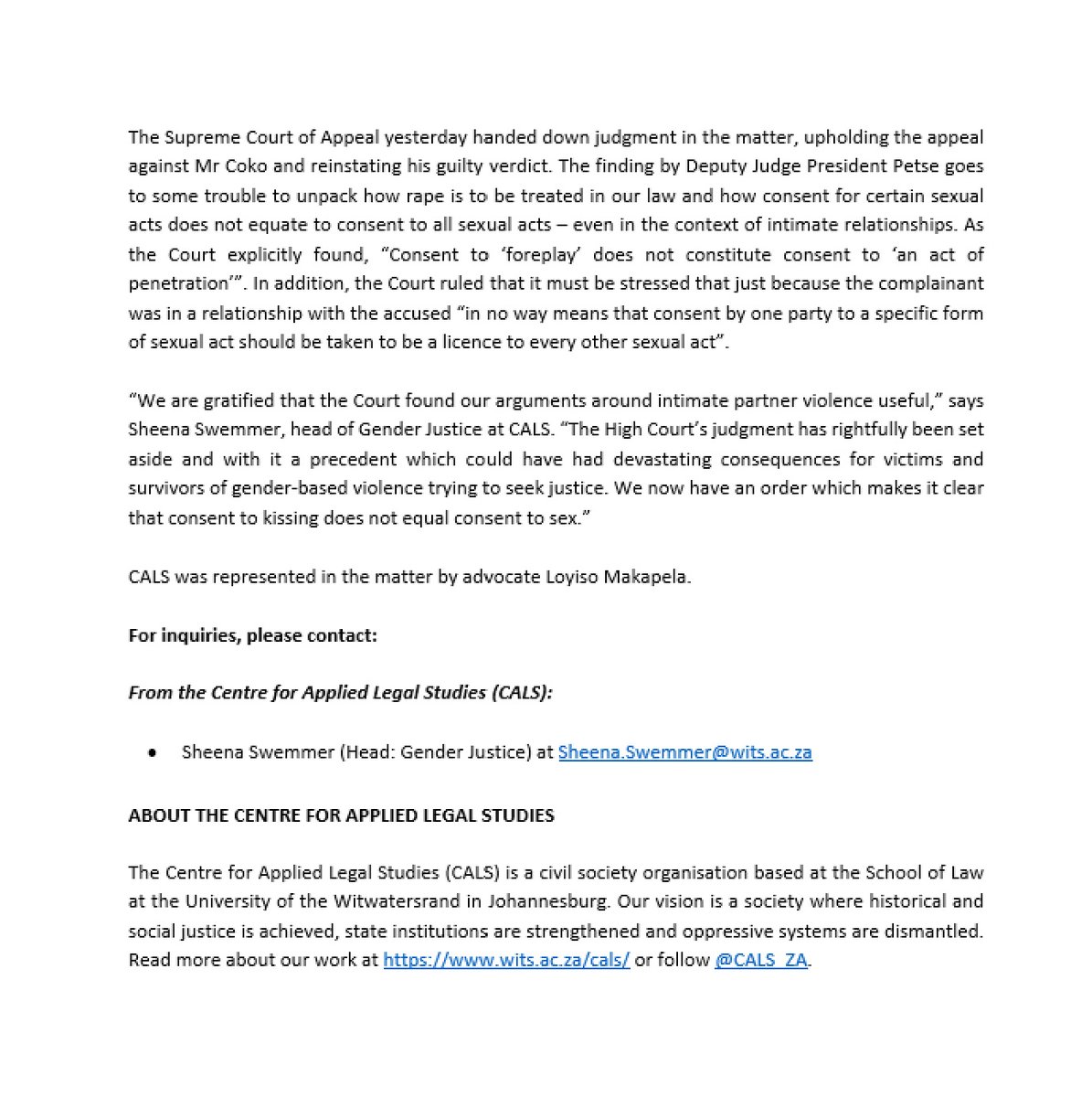 CALS welcomes yesterday's judgment from the @SCA_ZA that confirms: a kiss is NOT a contract, and consent to one sexual act does not mean consent to all sexual acts. Read the full judgment overturning #Coko v S here: saflii.org/za/cases/ZASCA…