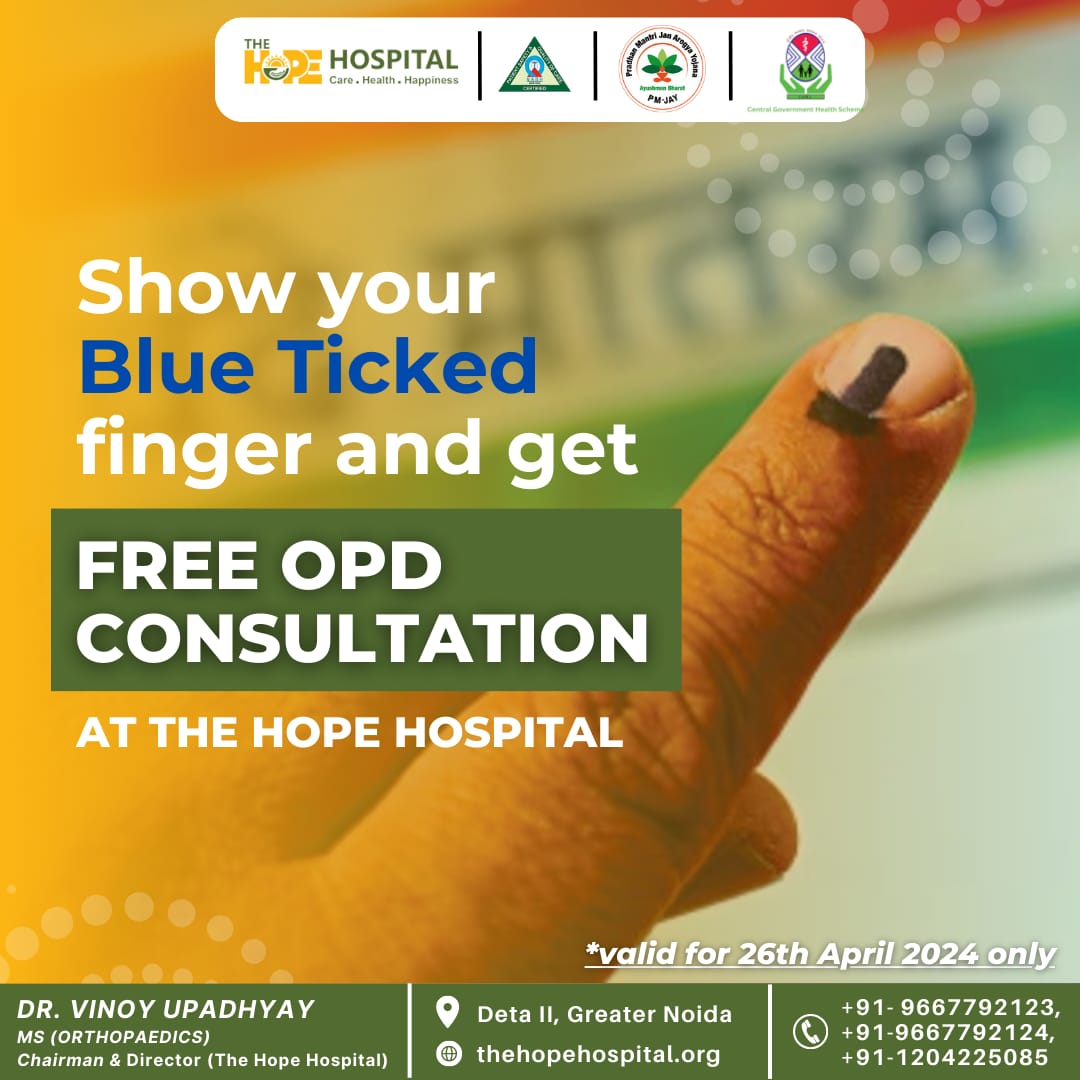 Greater - Noida based Hope Hospital has announced to offer  free OPD services to all voters on the occasion of #LokSabha2024 to be held on April 26 in Gautam Buddha Nagar.
@drpragya_shukla
@HopeHospitalGN