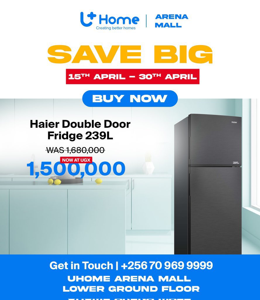 At 1.5M you get the Haier Double Door Fridge 239L from @UhomeUganda 😱
Grab this offer before 30th April 
Call 0709699999 for more info
#UhomeArenaMall
#Uhomediscounts