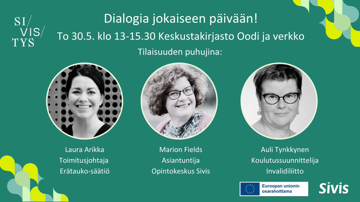 Kuinka kohtaamme toisemme arjessa? Entä järjestötoiminnassa? 💬 Toukokuun lopussa Keskustakirjasto Oodissa ja verkossa järjestettävä #DialogiaJokaiseenPäivään! -seminaaritilaisuus innostaa keskusteluun. Ilmoittaudu mukaan: sivisnyt.fi/kuinka-kohtaam… @ErataukoSaatio @Invalidiliitto