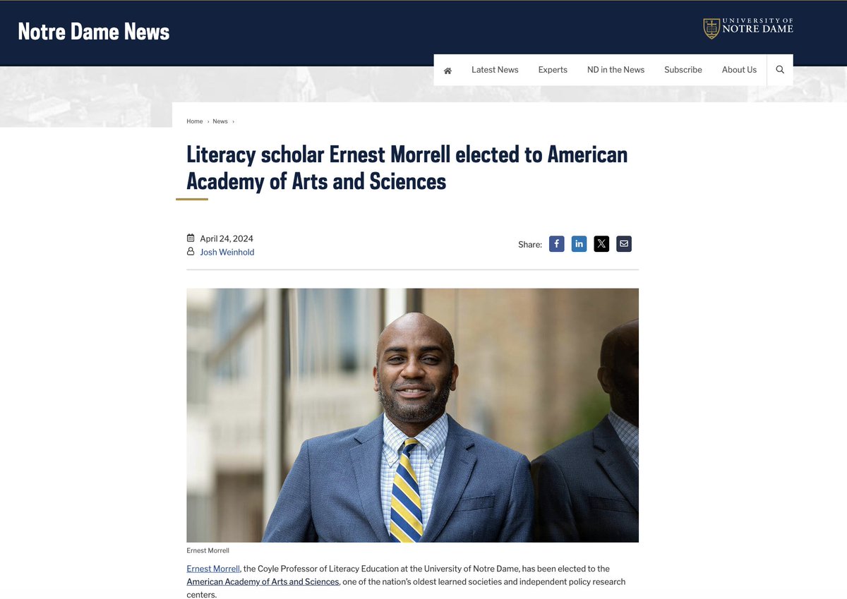 Congratulations Director @ernestmorrell on election to the American Academy of Arts & Sciences, founded in 1780 by John Hancock, John Adams & other scholar-patriots, Ernest joins presidents, Einstein, Mandela, Dr. MLK - too many to name! ND News: news.nd.edu/news/literacy-… @ieiatnd