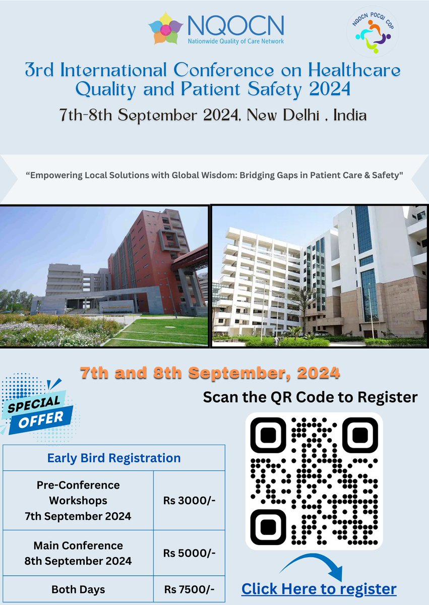 nqocnindia's tweet photo. Join us at NQOCN's 3rd Annual Conference on
7-8 Sept. 2024 at Lady Hardinge Medical College, Delhi &amp; Amrita Institute of Medical Sciences, Faridabad

Theme: “Empowering Local Solutions with Global Wisdom: Bridging Gaps in Patient Care &amp; Safety”

Click here-https://t.co/fNW1kycCn7 https://t.co/c6nxKuTU1F