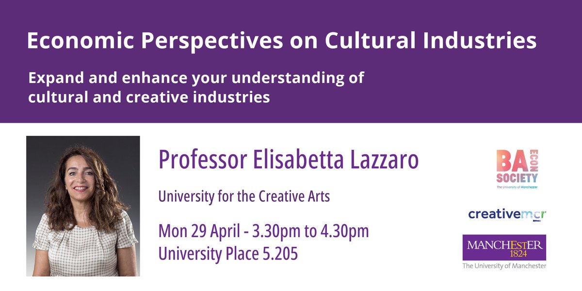 Are you interested in working in cultural or creative industries? 🤔 Hear about the economic complexities of the sector featuring Prof Elisabetta Lazzaro from @UniCreativeArts 🎨 Presented w/ @uomsoss 📅Monday, 29/04, 3.30 -4.30pm 📍 Uni Place Book: bit.ly/3U751rz