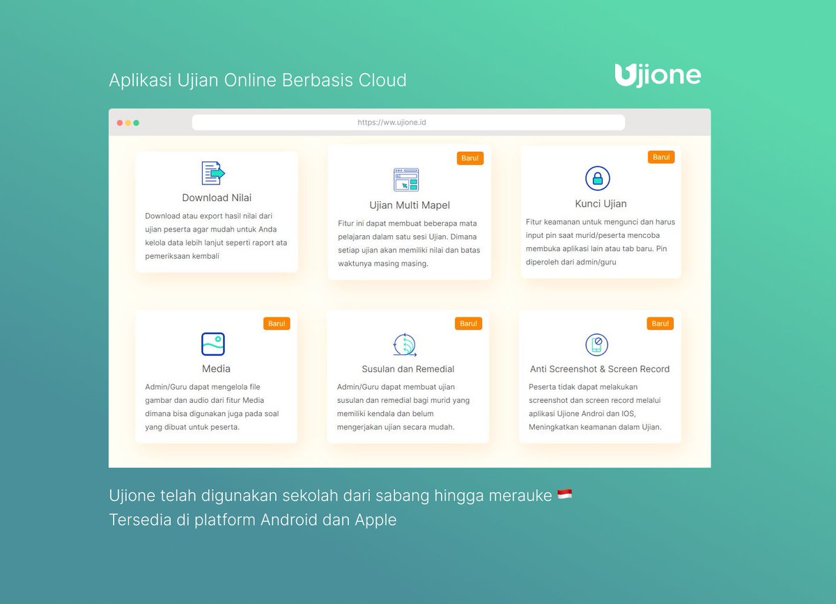 Sudah pakai aplikasi ujian online belum di sekolah Anda? Yuk gunakan utk kemudahan melakukan ujian online yg bisa langsung digunakan!

Ujione juga kerap mengembangkan fitur fitur terbaru seperti fitur keamanan dan berbagai macam pilihan tipe soal lainnya 
ujione.id