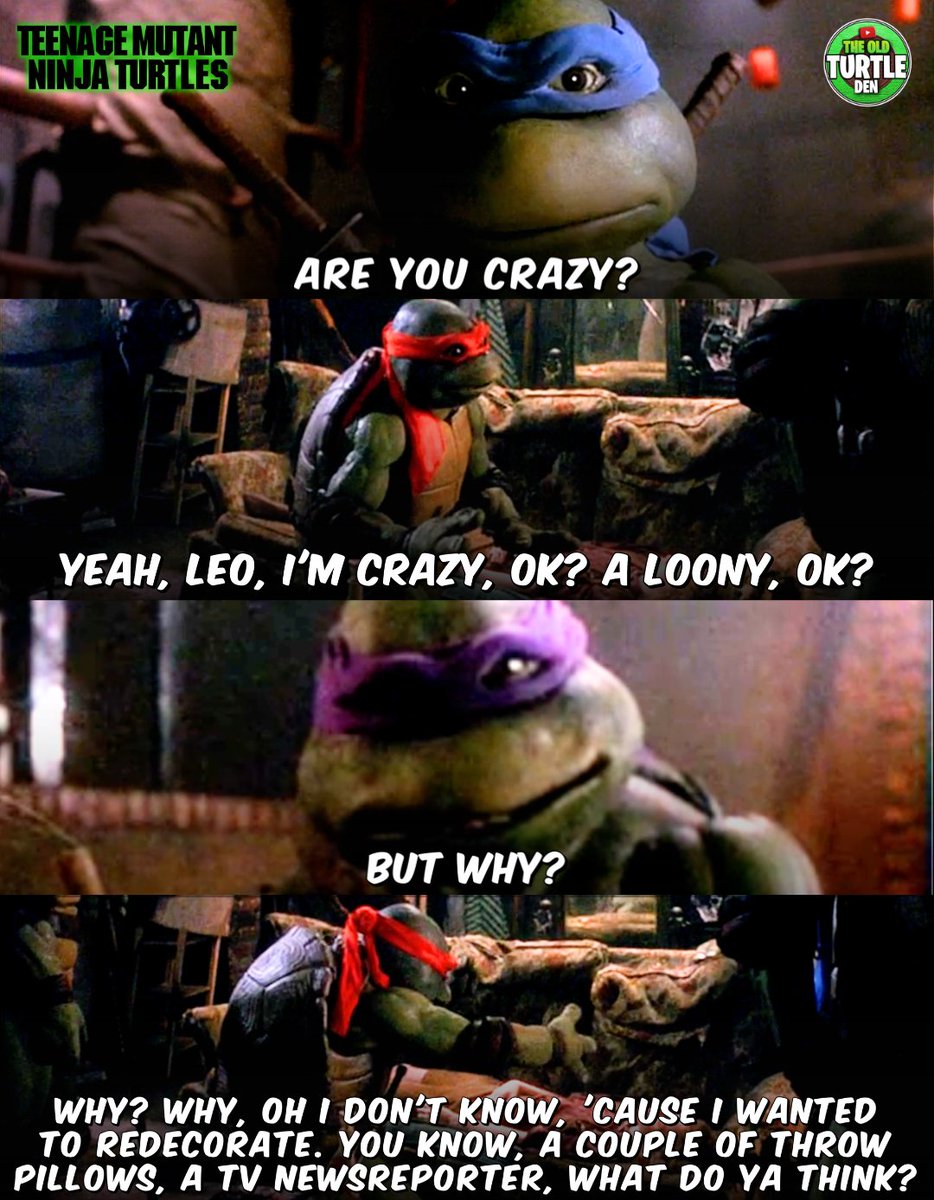 #TMNT Quotes 🎥🎞️ 🔵Leonardo: Are you crazy? 🔴Raphael: Yeah, Leo, I'm crazy, OK? A loony, OK? 🟣Donatello: But why? 🔴Raphael: Why? Why, oh I don't know, 'cause I wanted to redecorate. You know, a couple of throw pillows, a TV news reporter, what do ya think? -