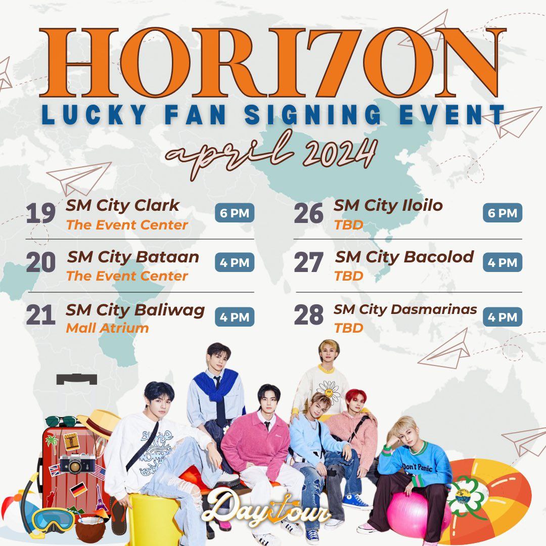 [📣] #HORI7ON Schedule Update

Get ready for a wild ride on the #Daytour as @HORI7ONofficial adds excitement with thrilling new stops in Visayas & Luzon.🍀✈️

Keep an eye out for updates & grab your suitcase at SM Malls Online App: click.smmallsonline.com/DFqS/SMOHORI7ON

#호라이즌
@smsupermalls