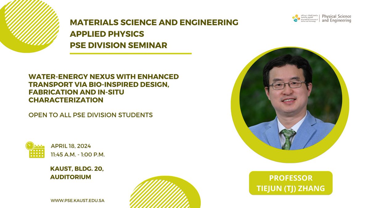 KAUST_PSE's tweet image. TODAY!
PSE Division Seminar: #MaterialsScience and #Engineering and #AppliedPhysics
April 18 | 11.45 a.m. - 1.00 p.m.
#KAUST, Bldg 20, Auditorium
For more information: pse.kaust.link/LRtg