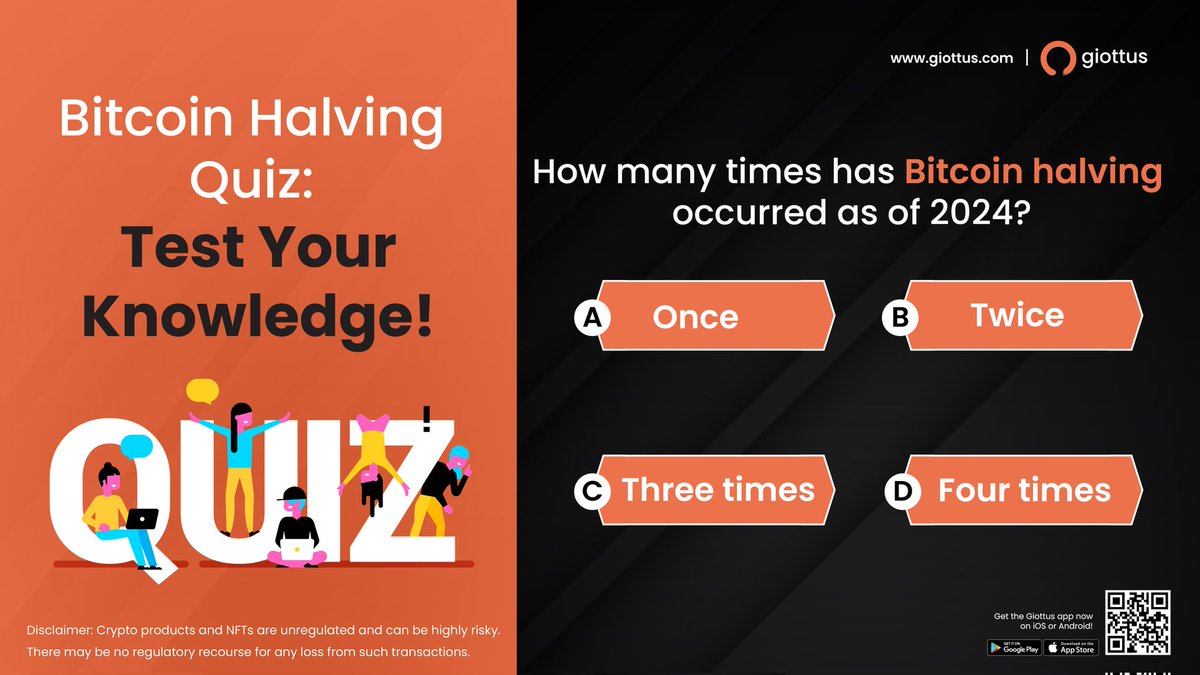 🎉 Bitcoin Halving Giveaway #3 🎉 Prize Pool: 500 INR Test Your Knowledge with our Bitcoin Halving Quiz! 🚀💰 Question 3: How many times has Bitcoin halving occurred as of 2024? Reply with your answer and retweet to enter for a chance to win, write your answer in the