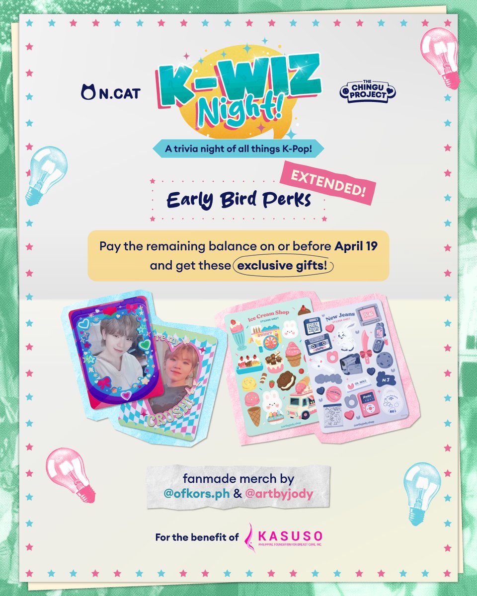 LAST 2 DAYS TO SECURE YOUR EARLY BIRD PERKS! 🎁

Form the perfect the group for our #KWizNight and register until April 19 to get FANMADE MERCH from local artists – <a href="/ofkorsph/">kors 🌸</a> and @artbyjody! 🧡 

REGISTER HERE for only P500, inclusive of food + drink 👉 bit.ly/NCATKWizNight