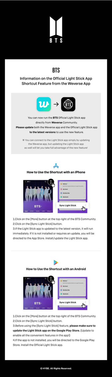 LaCassiojefa's tweet photo. [Traduccion de la reciente notificación de Weverse] 

Hola.

Nos gustaría informarte que se ha añadido una nueva función a la aplicación Weverse.

[Función actualizada]
- Ahora puedes ejecutar la aplicación del Light Stick oficial de BTS directamente desde la aplicación Weverse.
- Tanto la aplicación Weverse como la aplicación del Light Stick oficial deben actualizarse a las últimas versiones para utilizar la nueva función. Actualiza tus aplicaciones y prueba la nueva función.
- Haz clic en [Más] > [Sincronizar Light Stick] en la esquina superior derecha de la comunidad BTS para iniciar la aplicación del Light Stick oficial.

Por favor, consulta la imagen abajo para más información.
Gracias.