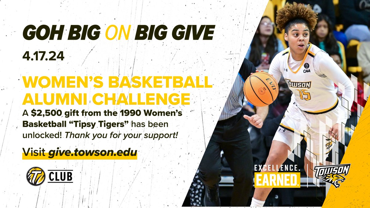 Let's cap #TUBigGive off with a buzzer beater as @Towson_WBB unlocks their alumni athlete challenge in the final hour and earns an additional $2500. Thank you to the 'Tipsy Tigers' for their incredible support of Towson Women's Basketball. #GohTigers