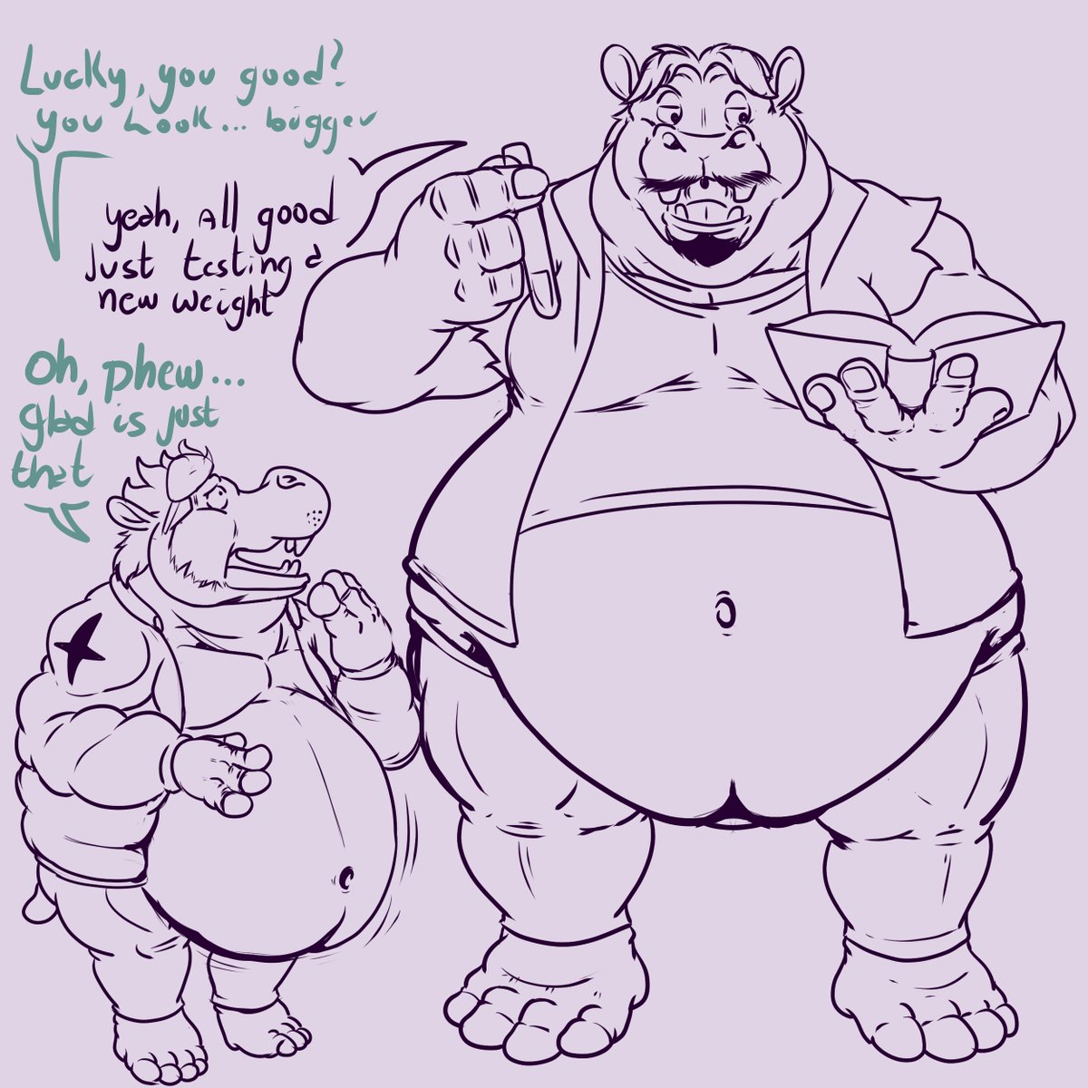 Something i thought for Pigmy Hippo day last week while i drew the new weight~ Featuring @DeltaDjinn There it is nothing to Worry about to be honest, i'm just testing a new Weight with one of my potions. Or maybe is the Blue shirt? Overall, all good! #Wolfaroart #TFEveryday