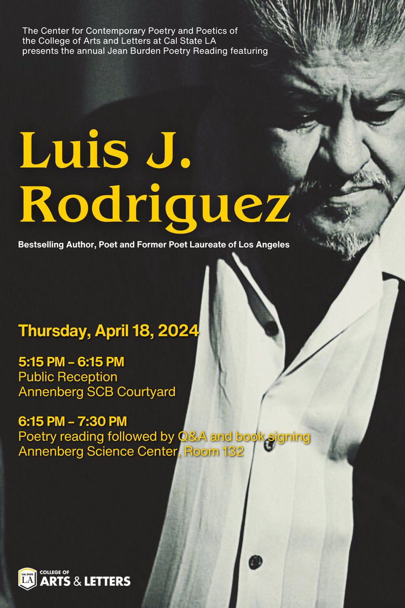 Tomorrow, April 18, I'm honored to be reading my poetry at 6:15 pm, the Annenberg Science Center, Room 132, at Cal State University, Los Angeles. A public reception will be held earlier at the Annenberg SCB Courtyard at 5:15 pm.