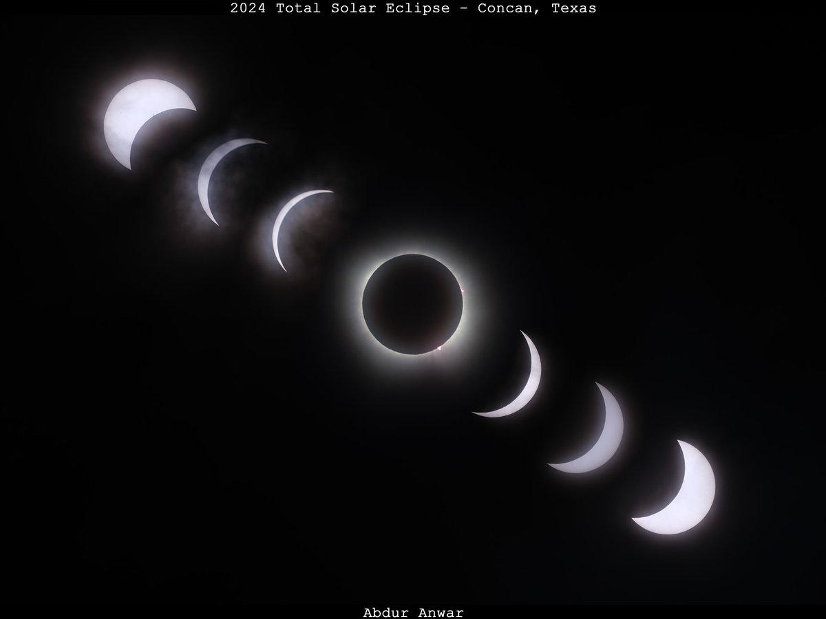 Despite the clouds, I was able to get enough images before and after totality to create this panel. All images taken with manual settings using my trusty Fuji XS10 mirrorless camera and 50-230mm kit lens at 230mm. Location was Concan, Texas on April 8, 2024. #SolarEclipse2024