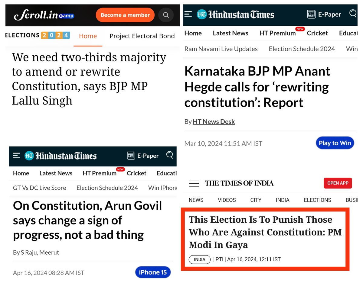 BJP MPs and candidates are saying they want to rewrite the constitution.

The PM is saying - Punish those who are against the constitution.

Listen to the PM. Vote out BJP.