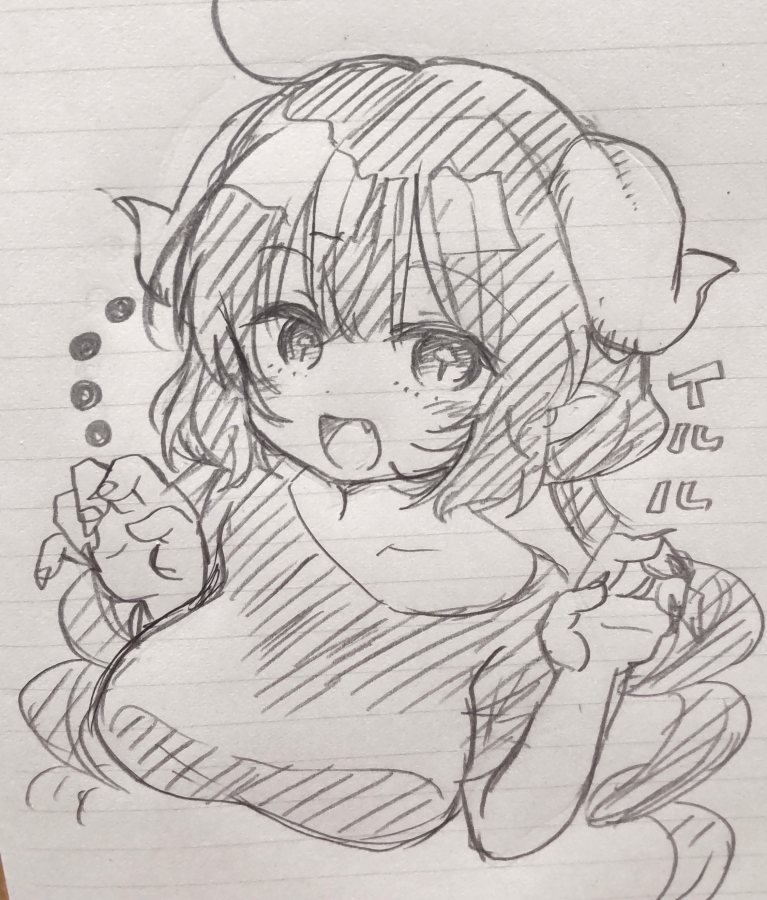 ネーム中のラクガキ～!OL日記であまり出せていないイルル!
アナログだから胸の盛りが甘いな。 