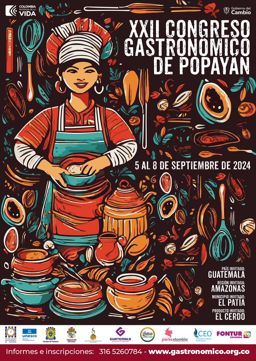 GastronomicoPop's tweet photo. Presentamos la imagen del XXII Congreso Gastronómico de Popayán que se realizará del 5 al 8 de septiembre de 2024. Nuestros invitados de honor serán Guatemala (país), Leticia (región), la subregión de El Patía (municipio caucano) y el Cerdo (producto). Los esperamos https://t.co/s65brHoLKM