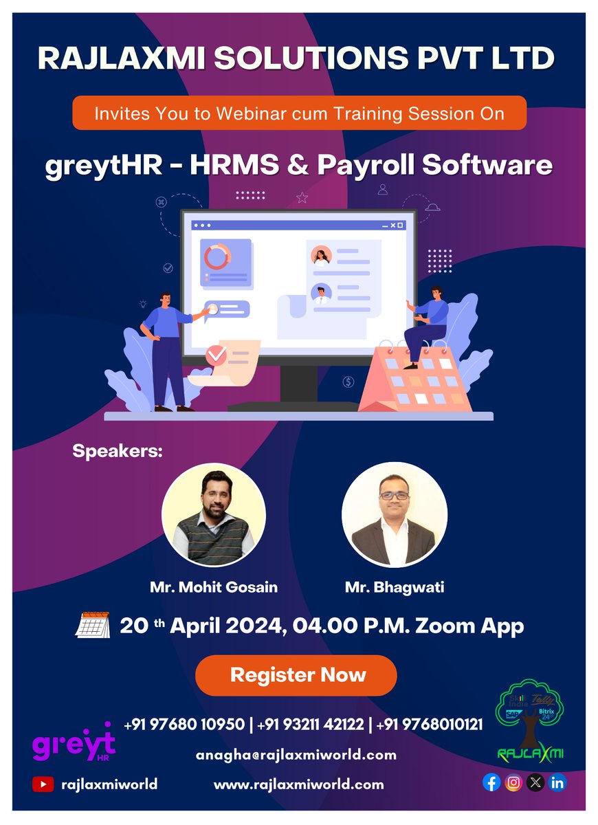 rajlaxmiworld's tweet photo. Webinar On "greytHR- HRMS & Payroll Software"
Register Now!
#hrms #hrmssoftware #hrmsoftware #digitalhrms #ehrms #greythr #management #software #hranalytics #business #businessindia #smallbusiness #training #hrsoftware #payrollservices #payroll #rspl #rajlaxmisolutionspvtltd https://t.co/7DML8kbA0O