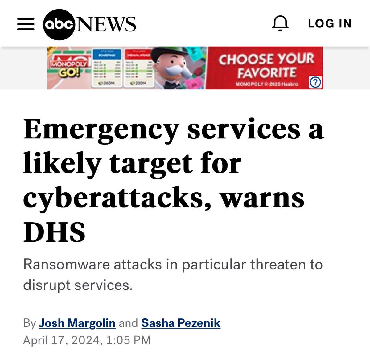 ABC News JUST TODAY, came out with an article called “Emergency services a likely target for cyberattacks, warns DHS” 😳😳😳 You couldn’t even make this up if you tried. For real. “Ransomware attacks have “disrupted the networks of police department and 911 call center…