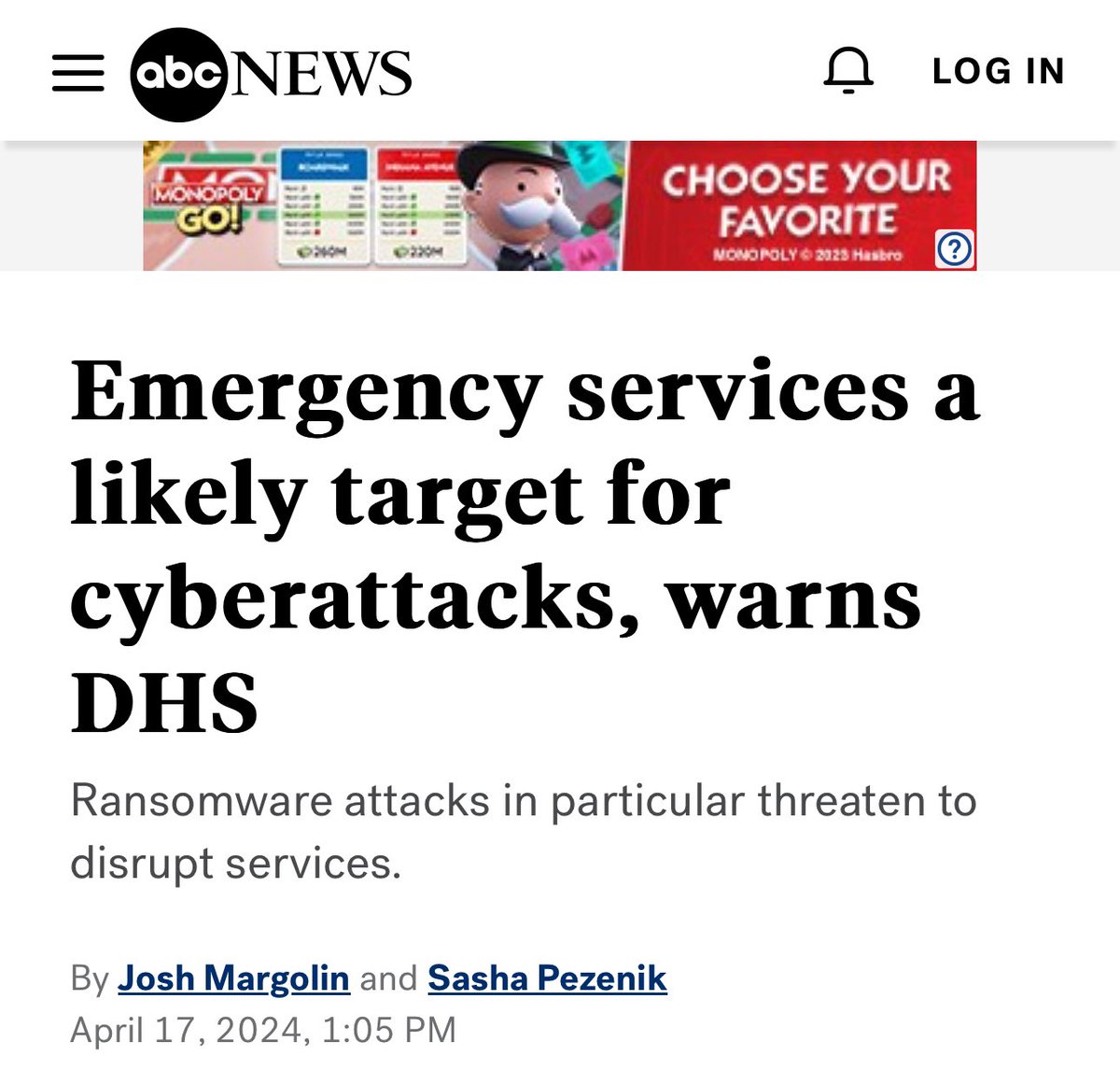 TPV_John's tweet photo. ABC News JUST TODAY, came out with an article called “Emergency services a likely target for cyberattacks, warns DHS” 😳😳😳
You couldn’t even make this up if you tried. For real.
“Ransomware attacks have “disrupted the networks of police department and 911 call center operations,” the bulletin continued, putting computer-aided dispatching services out of commission and forcing emergency services “to revert to manual dispatching to sustain their operations.”
This article was published at 1:05PM, literally ONLY HOURS AGO.
Now, the official narrative is that some fiber line, that supposedly controls the 911 Emergency Services for eight states was somehow mysteriously CUT…I DO NOT BELIEVE THAT FOR A SECOND!
THEY THINK WE ARE STUPID.
Remember, they ALWAYS TELL YOU what is coming in one way, or another.
Prepare, because if they are playing games like this, SOMETHING BIG is definitely coming down the pike.
https://t.co/tfKXcLzOCi
