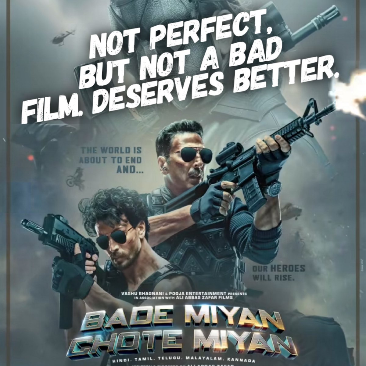 Tutejajoginder's tweet photo. Let the fact be stated, #BadeMiyanChoteMiyan is NOT A BAD FILM! One can always pinpoint on weak areas when a film doesn’t open well or sustain. However all of this is IGNORED when the opposite happens and then the retort is - “Oh, it’s a commercial film after all, yeh sab chalta hai”!
Yes, the film has its questionable/debatable points when it comes to overuse of technicalities in the 2nd half. The humour quotient could have been better, given the fun/funny title. Also, audiences could have been better prepared about what to expect from the film.
But, and that’s a big but, as an action film #BMCM does really well. It’s well orchestrated, fast paced and at certain places, the action set pieces are also never-seen-before. Heck, the whole missile/iron dome thing coincides eerily with the current war situation in Israel/Iran.
Frankly, this is one film where I didn’t get an urge to check my cellphone.
It’s not a perfect film. It’s a plain and simple action film and moreover, looks grand on the big screen too. I don’t remember when was the last time a #Bollywood film belonging to this genre was panned like this and not even given a chance. It’s not a 300 Crore Club film. But it’s certainly not a sub-100 crores film either.
Without pre-release (manufactured) negativity, it could have taken at least 25 crores+ opening and then done far better business than what it’s currently doing.
Unfortunate.
#AkshayKumar #TigerShroff #AliAbbasZafar #JackkyBhagnani