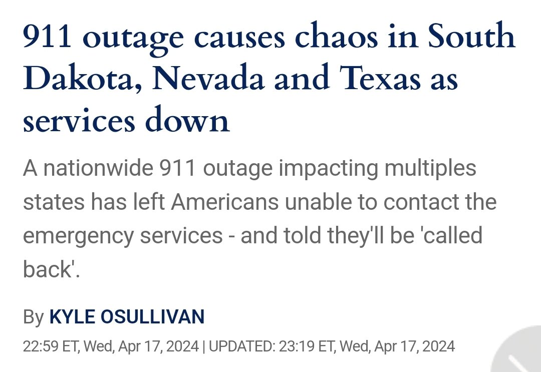 BREAKING: 911 outages cause chaos across multiple US states. People are being told to call emergency services on a mobile device so that the authorities can see the number and call back. Our infrastructure is failing while we're busy sending billions in foreign aid. It's only…