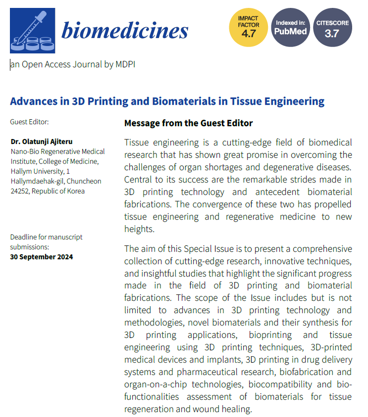 yachne_yu's tweet photo. Working on #3Dprinting  and #biomaterial?

Special Issue "Advances in 3D Printing and Biomaterials in Tissue Engineering" is open for submissions. https://t.co/pbqwKIJ9vf #mdpibiomedicines via @Biomed_MDPI

Edited by Dr. Olatunji Ajiteru 

#callforpapers #CallForSubmissions https://t.co/sylEnxgMzw