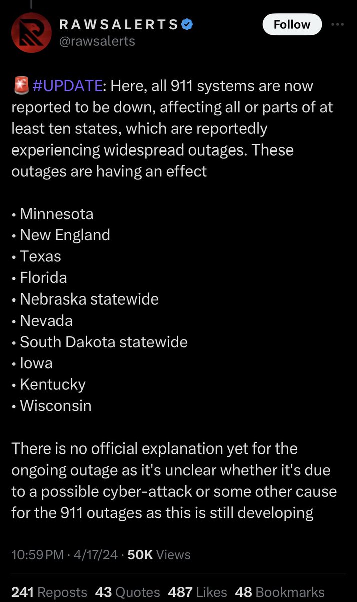 So 911 services went out in ten states and this was posted 5 hours beforehand? That’s some coincidence 🤔 ktvh.com/news/what-happ…