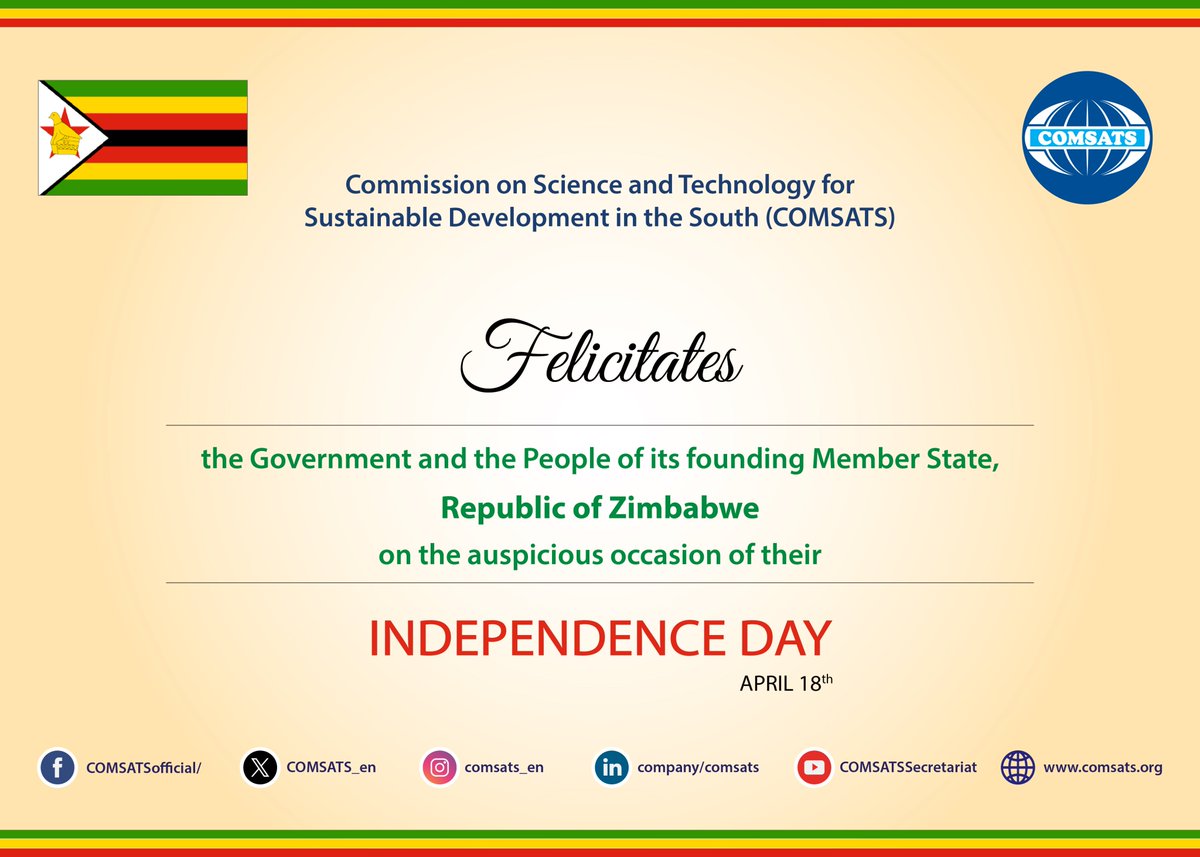 Felicitations to the Republic of #Zimbabwe 🇿🇼

#IndependenceDay #COMSATSMemberStates