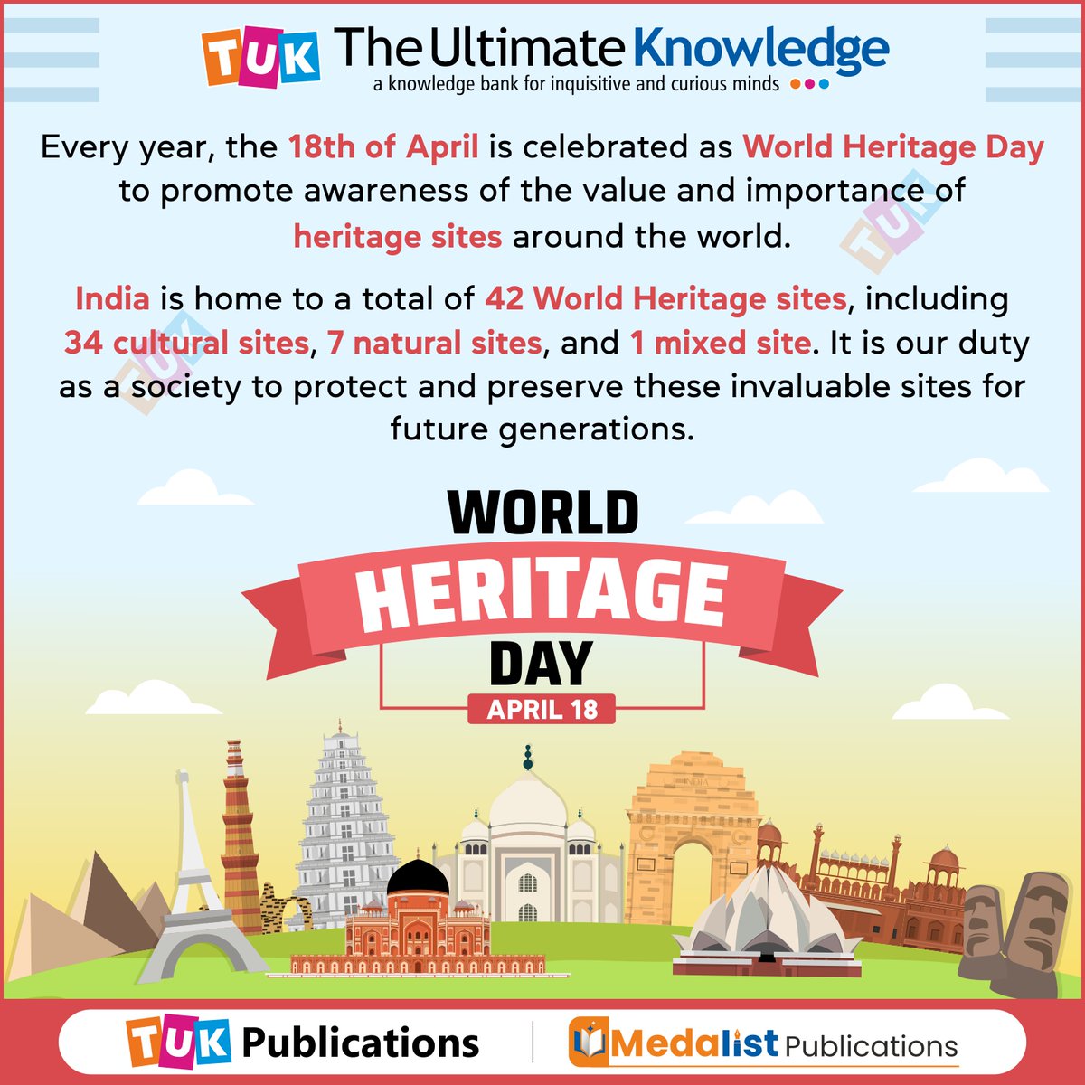 Every year, the 𝟭𝟴𝘁𝗵 𝗼𝗳 𝗔𝗽𝗿𝗶𝗹 is celebrated as #WorldHeritageDay to promote awareness of the value and importance of #heritagesites around the world.

#TUKWorld #IncredibleIndia #WorldHeritageDay2024 #WorldHeritage #InternationalDayforMonumentsandSites