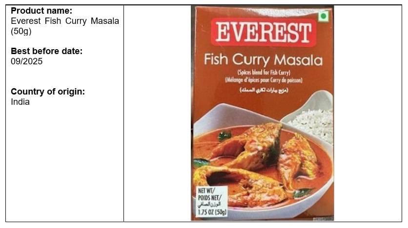 SFA has directed the recall of Everest's Masala Fish Curry from India due to exceeding levels of ethylene oxide detected in the product. The recall is ongoing. go.gov.sg/180424everestf…