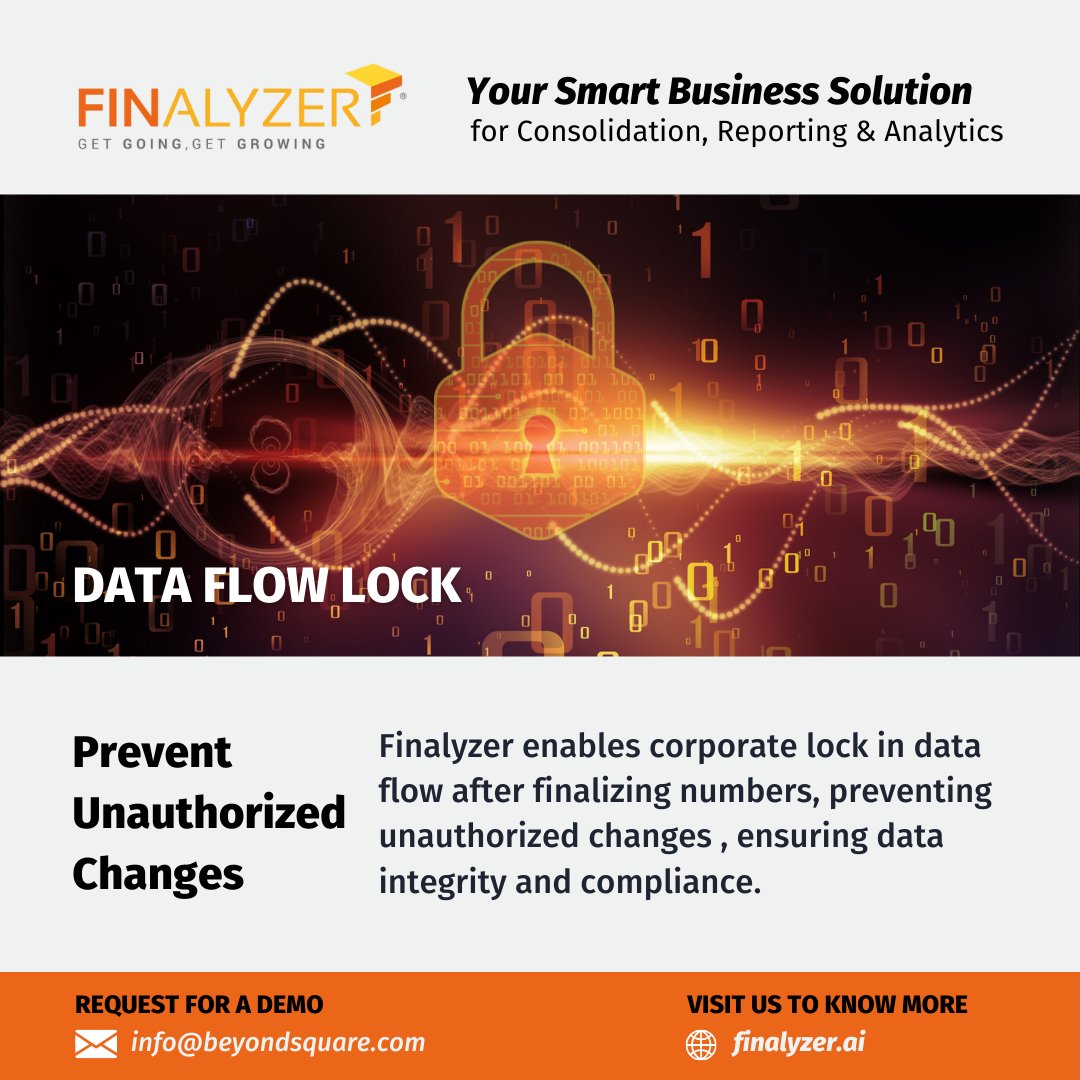 Experience the ultimate safeguard for your financial data with 𝗙𝗶𝗻𝗔𝗹𝘆𝘇𝗲𝗿'𝘀 𝗗𝗮𝘁𝗮 𝗙𝗹𝗼𝘄 𝗟𝗼𝗰𝗸 preventing any unauthorized changes. Switch to #FinAlyzer 
Request a demo - info@beyondsquare.com
#Automation #FinancialReporting #Analytics #FinancialConsolidation