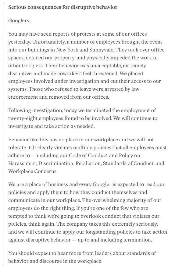 “If you’re one of the few who are tempted to think we’re going to overlook conduct that violates our policies, think again.” May the spark turn into a 🔥. $GOOG finding its voice, getting fit, & re-claiming its soul will be a good thing. 🙏🏼🚀@sundarpichai