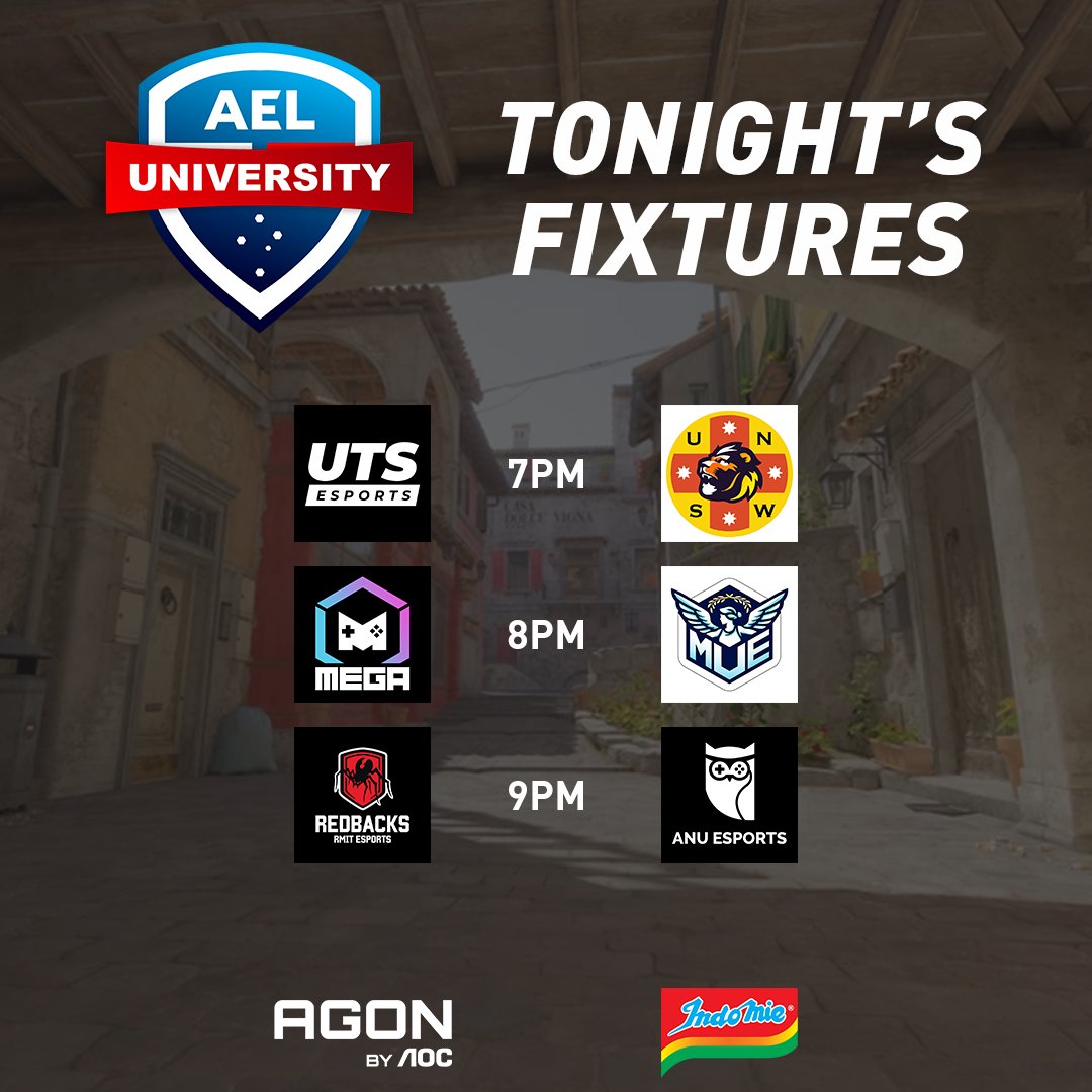 Australian Esports League (@auesportsleague) on Twitter photo 🤠UNI COUNTER-STRIKE TONIGHT🤠
🔴6:45PM AEST
📺twitch.tv/auesportsleague
🎙️<a href="/Emperor_zK/">Emperor_zK</a> & <a href="/HazDaddySlim/">HazDaddySlim</a>
🎬<a href="/nottimii/">Timii</a> & <a href="/BowserViri/">Eddie Viri</a>
The AEL is proudly sponsored by <a href="/AGONbyAOC/">AGON by AOC</a> & <a href="/Indomielovers/">Indomie</a>
<a href="/UTSEsports/">UTS Esports</a> <a href="/UNSW_ESports/">UNSW ESports Club</a> <a href="/MonashEGA/">MonashEGA</a> <a href="/MelbUniEsports/">Melbourne University Esports</a> <a href="/RMITesports/">RMIT Esports & Games</a> <a href="/ANU_Esports/">ANU ESPORTS</a> 🤠UNI COUNTER-STRIKE TONIGHT🤠
🔴6:45PM AEST
📺twitch.tv/auesportsleague
🎙️<a href="/Emperor_zK/">Emperor_zK</a> & <a href="/HazDaddySlim/">HazDaddySlim</a>
🎬<a href="/nottimii/">Timii</a> & <a href="/BowserViri/">Eddie Viri</a>
The AEL is proudly sponsored by <a href="/AGONbyAOC/">AGON by AOC</a> & <a href="/Indomielovers/">Indomie</a>
<a href="/UTSEsports/">UTS Esports</a> <a href="/UNSW_ESports/">UNSW ESports Club</a> <a href="/MonashEGA/">MonashEGA</a> <a href="/MelbUniEsports/">Melbourne University Esports</a> <a href="/RMITesports/">RMIT Esports & Games</a> <a href="/ANU_Esports/">ANU ESPORTS</a>