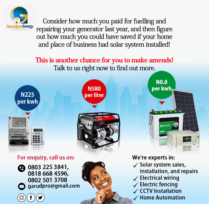 Eboadiaye's tweet photo. Consider how much you paid for fuelling and repairing your generator last year, and then figure out how much you could have saved if your home and place of business had a solar system installed!
 
This is another chance for you to make amends! Talk to us now https://t.co/aFzYfaJbu3