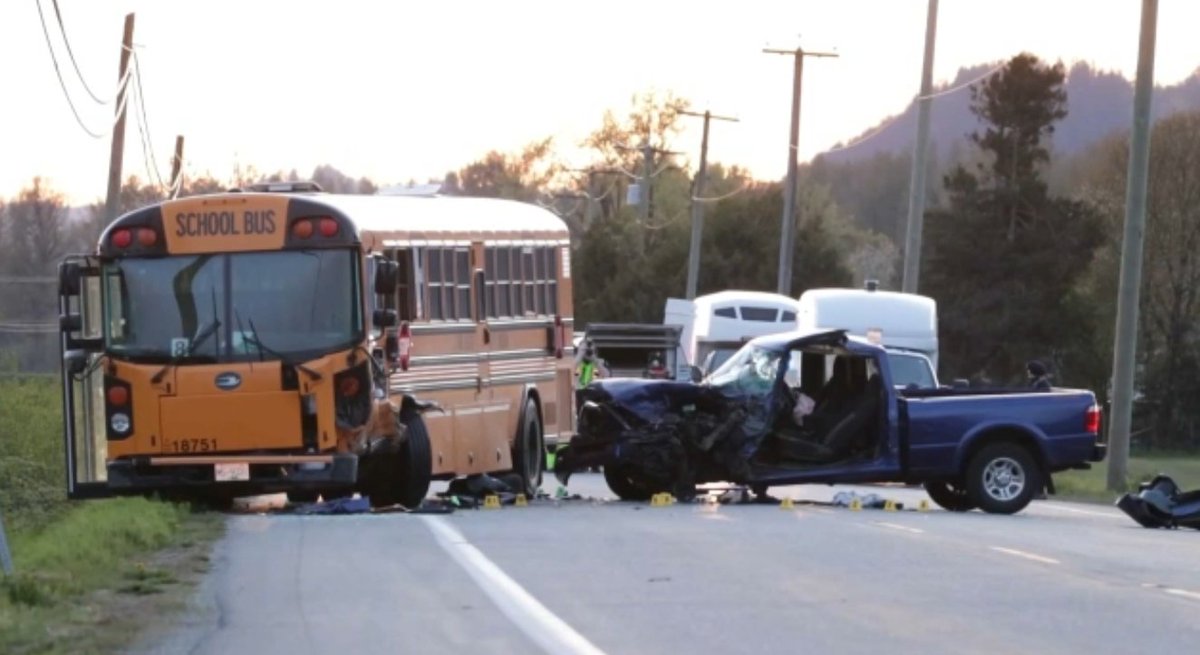 This could've been so much worse: a pickup truck collided with a school bus head-on in the Fraser Valley I'll have video from the scene on @CTVVancouver at 11:30, plus a dramatic showdown at a parole board hearing for a childkiller who's changed his name bc.ctvnews.ca/truck-driver-a…