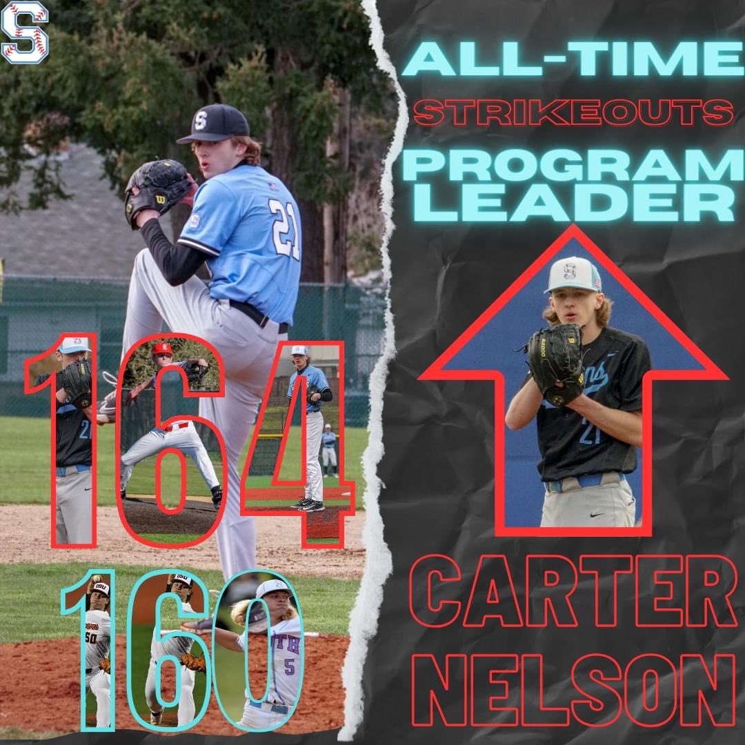 SSaxonsBaseball's tweet photo. With eight strikeouts in Wednesday's victory, Carter Nelson is now the program's all-time leader in career strikeouts, overtaking Ryan Brown (2019) with a total of 164. Congrats to Brownie for owning the record these past five years, and to Nelly for the huge achievement! https://t.co/0ZEwjwMZ3P