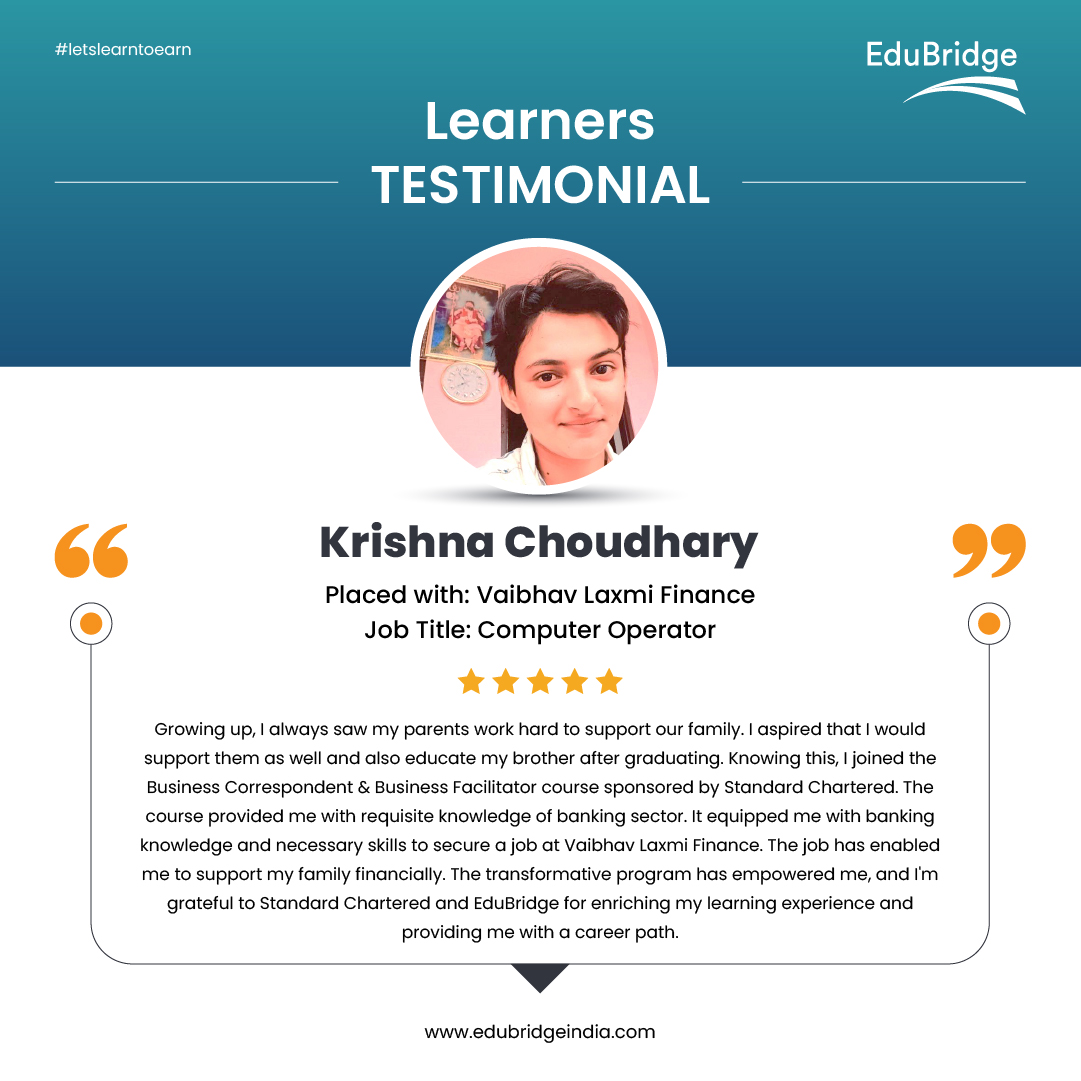 EduBridgelearn's tweet photo. Krishna Choudhary :
Grateful to EduBridge for empowering with financial education. Improved lives through insightful program. Check our placement track records: https://t.co/l05FUqefQy
#EmpoweringDreams #FinancialEducation #ThankYouEduBridge #LearnersFirstAlwaysFirst https://t.co/tysElsDm0c