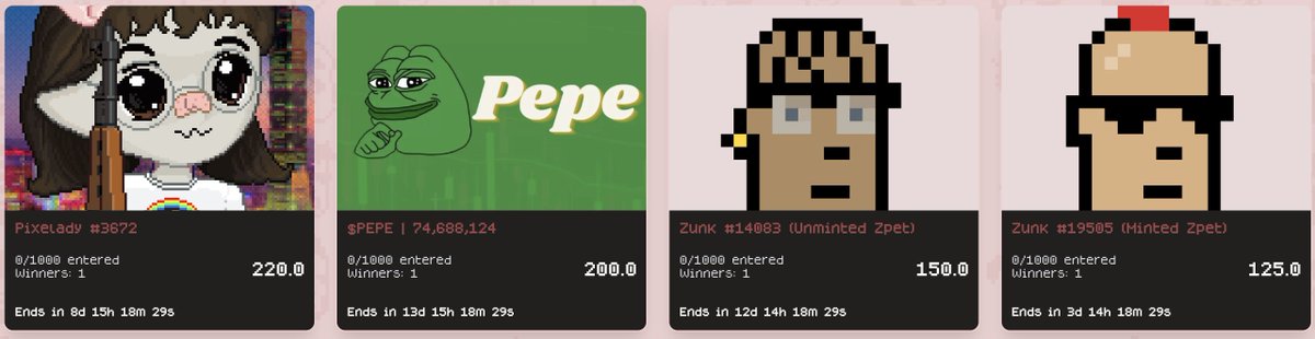 ZunkzNFTs's tweet photo. 🚨A few new items have been added to the Zunkz Rewards Marketplace.

➡️Type: Raffles
@PixeladyMaker #3672
@pepecoineth 74,688,124 $PEPE
@ZunkzNFTs #19505, #14083

🔗 https://t.co/GV3o1ZMLun
#getZunked #ZunkzRewards https://t.co/zXGCFSLoNf