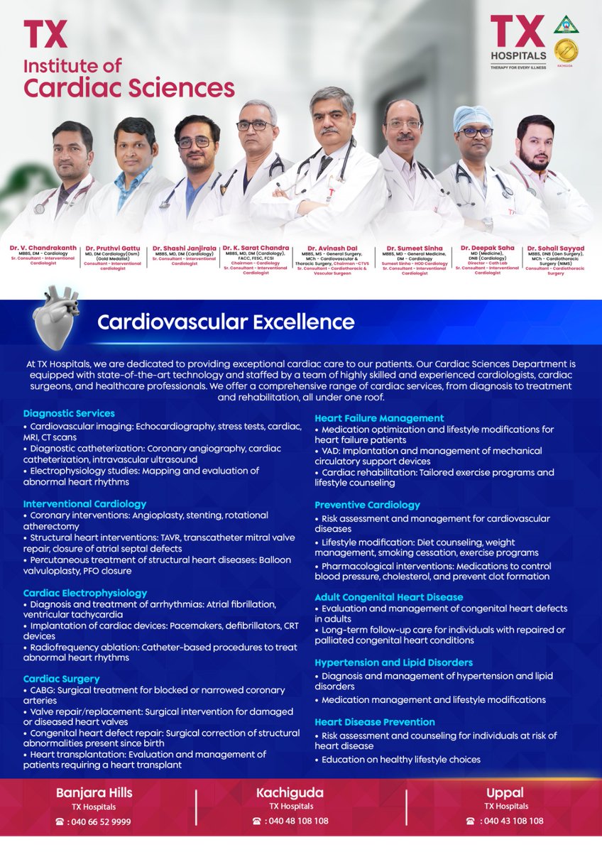 Exciting news from TX Hospitals! We've assembled a top-tier cardiac team, all experts from India's finest institutes, dedicated to providing exceptional heart care. Entrust your loved ones to our care and help spread the word about our unmatched services. Call Now: 9089489089